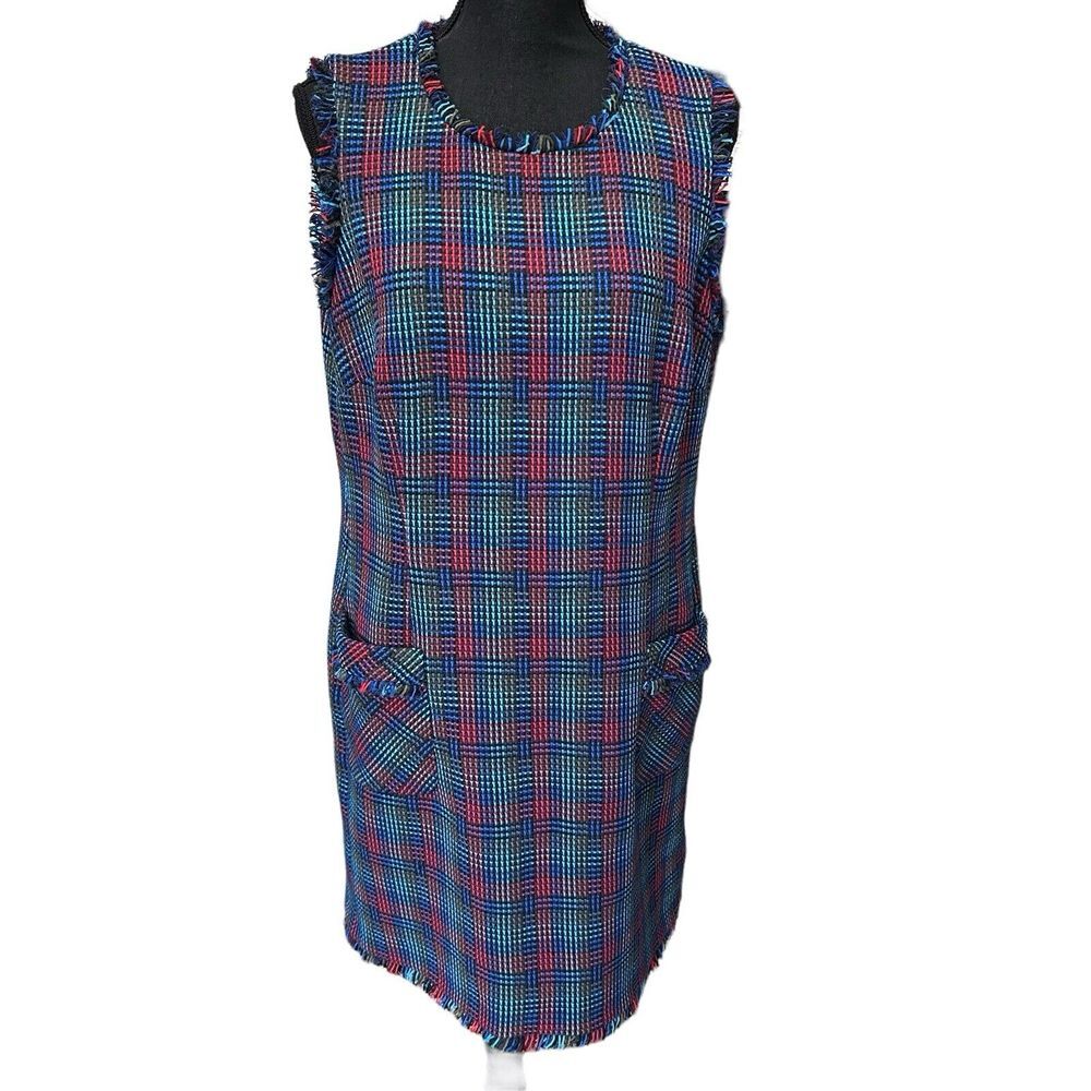 BODEN Blue Red‎ Plaid Woven Check Dress Fringed Trim Size US 12 R  Pockets WH834